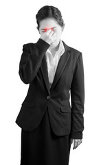 Nose pain symptom in a woman isolated on white background. Clipping path on white background.