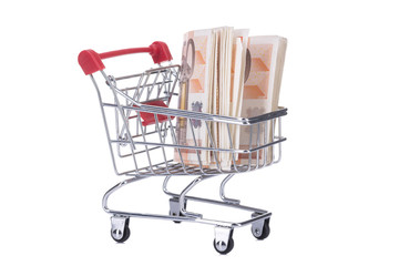Shopping cart with money isolated on white