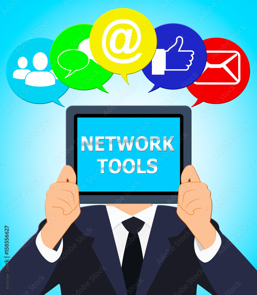 Poster network tools shows netorking programs 3d illustration