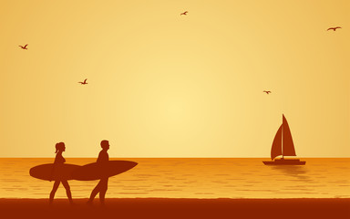 Silhouette couple surfer carrying surfboard on beach under sunset sky background in flat icon design