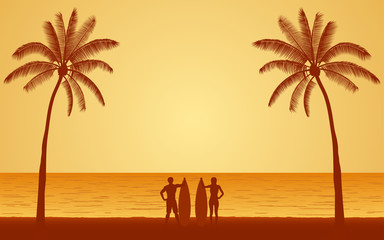 Silhouette couple surfer carrying surfboard on beach under sunset sky background in flat icon design