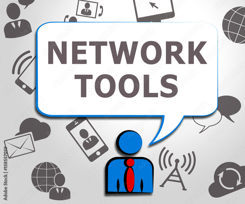 Poster network tools shows networking programs 3d illustration