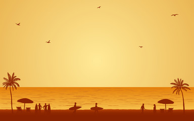 Fototapeta na wymiar Silhouette people with surfboard on beach under sunset sky background in flat icon design