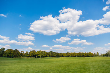 Summer or spring landscape with green hills or mountains and trees