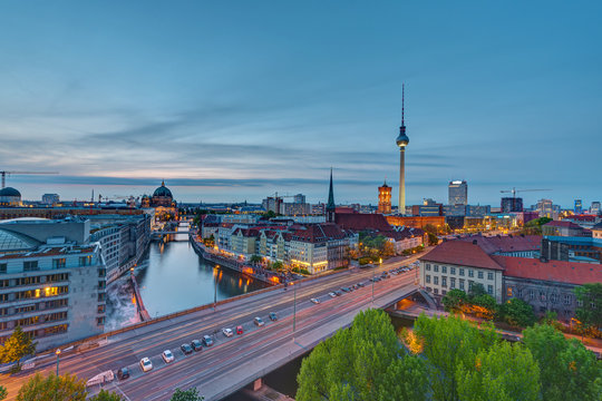 The center of Berlin with the Television Tower at dusk