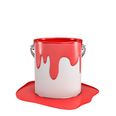 3d rendering of a paint bucket full of red paint with some of it overflown to the ground.