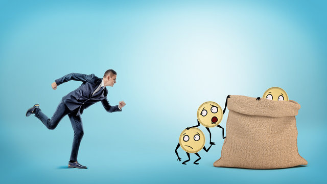 A small businessman running to a large full sack where many coins with arms and legs are getting in.