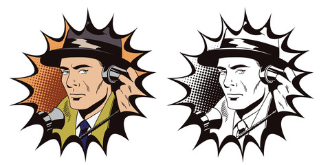 Man with antique phone. Stock illustration.