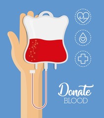 hand and blood bag icon over blue background colorful design vector illustration