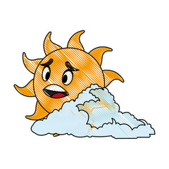 drawing cute smiling cartoon sun and cloud vector illustration