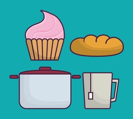 cupcake, donut and milk box icon over turquoise background colorful design vector illustration