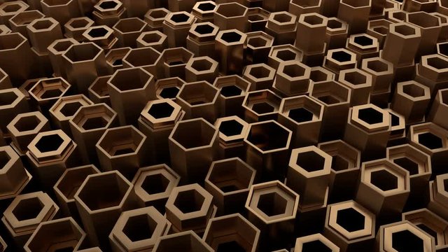 3d render of metal shapes with loopable animation. Random movement of metallic shape primitives. Industrial abstract concept.