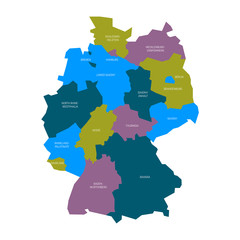 Map of Germany devided to 13 federal states and 3 city-states - Berlin, Bremen and Hamburg, Europe. Simple flat vector map in four colors with white labels.