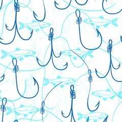 Naklejka premium Seamless pattern with fishing hooks and fishes/Ink hand drawn illustration about fishing