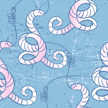 Seamless pattern with earthworms on fishing hooks/Ink hand drawn illustration about fishing