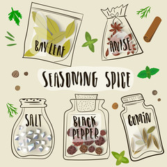 Vector illustration of spice. Realistic seasonings in a stylized hand-drawn package with lettering on a white background.