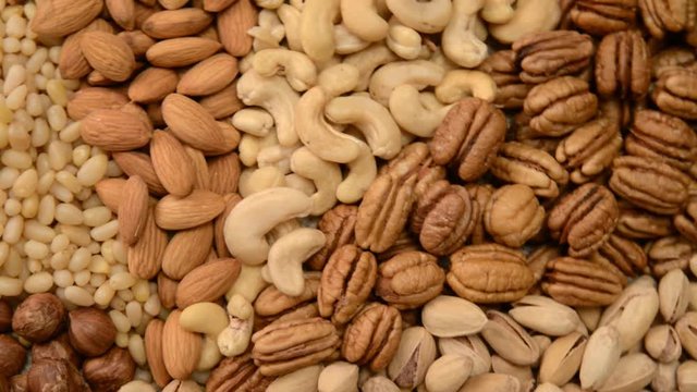Nuts mix in a canvas bag in table.