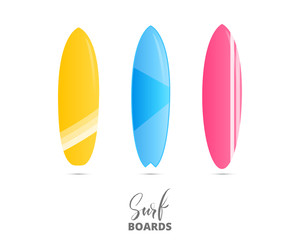 Surfboards isolated. Colorful surfing equipment with trendy patterns and lettering