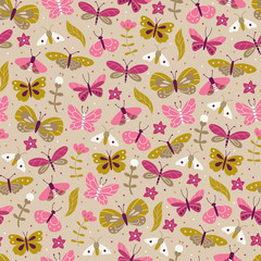 Seamless Background with Doodle Butterfly.