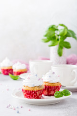 Mini cupcakes with white frosting cream and pink sprinkles on light gray background. Decorated with basil leaves. Party food concept. Copy space.