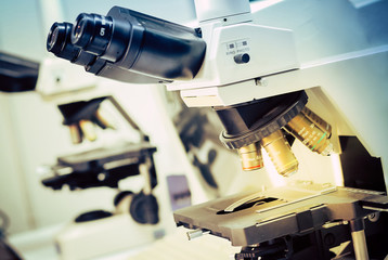 Laboratory microscope lens, modern microscopes in a lab
