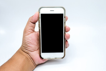 Phone in hand, isolated on a white background.