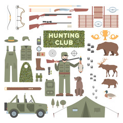 Set of hunting accessories. Firearms, hunting bows. Outfit and extraction of the hunter. SUV hunter.