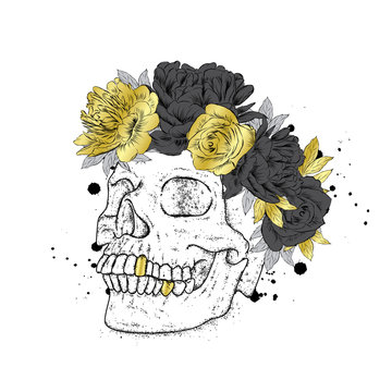 Stylish in a wreath of flowers. Vector illustration for a card or poster, print on clothes. The hipster skeleton. Fashion & Style.