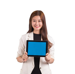 Asian woman smiling holding tablat.