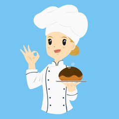 female baker carrying a chocolate bread bun and gestured ok sign