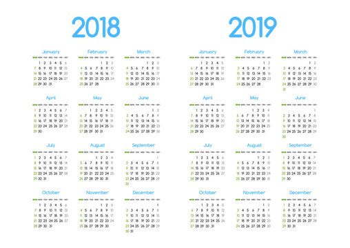 New year 2018 and 2019 vector calendar modern simple design with round san serif font,Holiday event planner,Week Starts Sunday