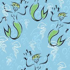 Seamless cartoon marine background with sea creatures mermaids