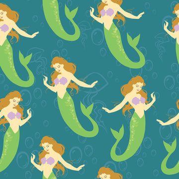 Seamless cartoon marine background with sea creatures mermaids