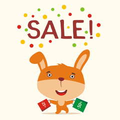 Poster seasonal sale. Funny bunny rabbit runs with packs for sale. Banner for sale of products for children and easter sale with funny bunny rabbit in cartoon style.