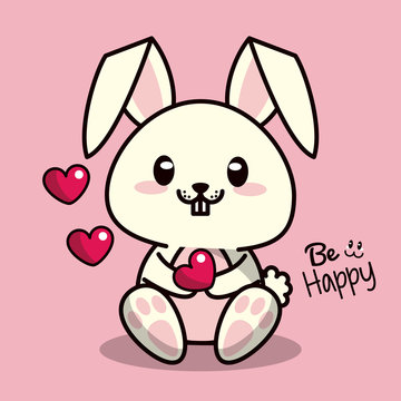 pink color background with cute kawaii animal rabbit with heart in your arms vector illustration