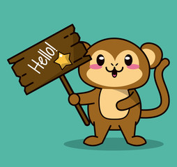 green color background with cute kawaii animal monkey standing with wooden sign hello and star vector illustration