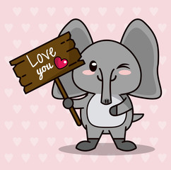 pink color background with hearts silhouettes and cute kawaii animal elephant standing with wooden sign love you and heart vector illustration