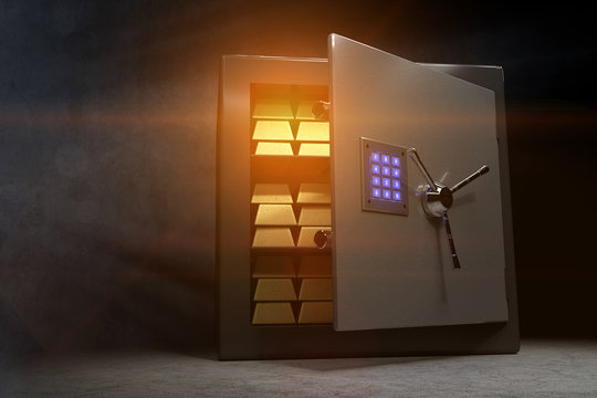 Gl&auml;nzende Goldbarren in eckigem Tresor. Gesichert durch Zahlenblock und Drehkreuzschloss. Beleuchtet mit goldenem Licht.