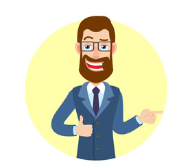 Hipster Businessman showing thumb up and pointing something beside of him