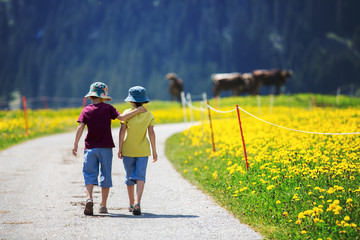 Happy children walking on a rural path in Swiss Alps, springtime