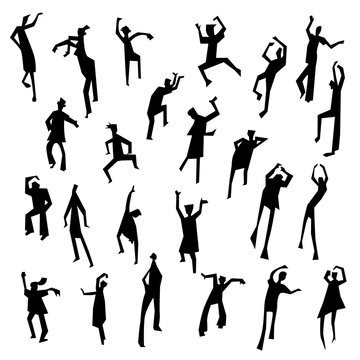 People figures in motion. Dancing people set. Cute black silhouettes of moving person.