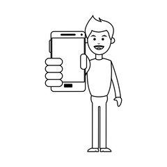 smiling man holding smartphone icon image vector illustration design  black line