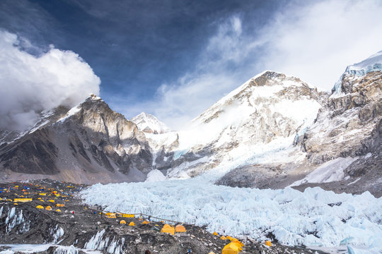 Everest Base Camp situated on Khumbu Glacier. EBC is also a common base camp of Lhotse. Himalaya mountains, Sagarmatha National Park, Nepal. 