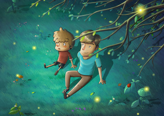 Father and Son in the Beautiful Night Sit Down on the Green Grass Telling Stories. Video Game's Digital CG Artwork, Concept Illustration, Realistic Cartoon Style Background
