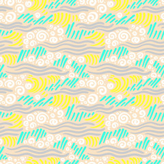  Abstract seamless pattern. Artistic drawing curves, waves and spirals