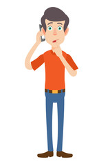 Man talking on mobile phone and standing with his finger to his lips