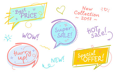 Collection of Trendy Sale Speech Bubbles with Handwritten Text and Doodle Elements.