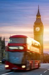Wandcirkels tuinposter London, the UK. Red bus in motion and Big Ben, the Palace of Westminster. The icons of England © daliu