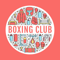 Fototapeta premium Boxing poster template. Vector sport training line icons, circle illustration of equipment - punchbag, boxer gloves, ring, heavy bags. Box club banner with place for text, red background.