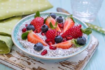 Keto ketogenic, paleo low carb diet not oatmeal breakfast porridge. Coconut Chia Pudding with berries, pomegranate seeds and almond